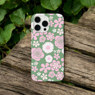 Coques iPhone 16 Pro Max Retro Chic vert et rose motif floral Whimsical