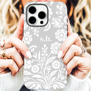 Coques iPhone 16 Pro Max Rétro Monogramme Floral Fleur Sauvage Gris