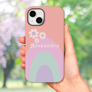 Coque Pour iPhone 14 Retro Pastel Rainbow Stripes Nom Floral