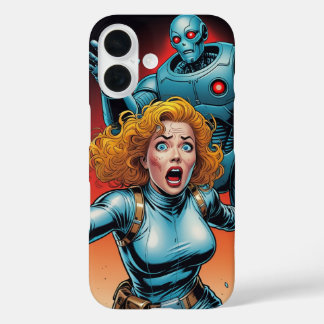 Coques iPhone 16 Rétro Scifi Woman running from Robot