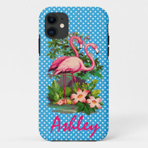 Coque iPhone 11 Rétros Flamants roses et pois Personlized