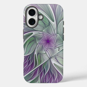 Coques iPhone 16 Rêve de fleurs, Abstrait violet vert Fractal Art