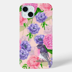 Coque iPhone 15 Mini Robin et fleurs, motif aquarelle