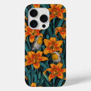 Coque iPhone 15 Pro Robins et fleurs de lys, orange et bleu