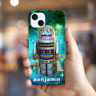 Coque iPhone 15 Mini Robot de jouets rétro chic fi en étain
