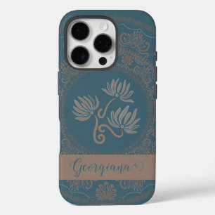 Coques iPhone 16 Pro Rococo Turquoise doré personnalisé Lotus Dot Manda
