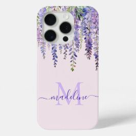 Coque iPhone 15 Pro Romantic Soft Lilac Wisteria Monogramme Nom du scr