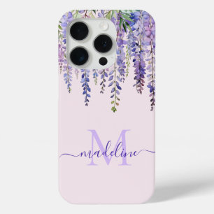 Coque iPhone 15 Pro Romantic Soft Lilac Wisteria Monogramme Nom du scr