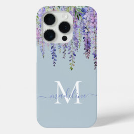 Coque iPhone 15 Pro Romantique Dusty Blue Wisteria Monogramme Nom du s