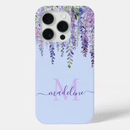 Coque iPhone 15 Pro Romantique Pastel Blue Wisteria Monogramme Nom du 