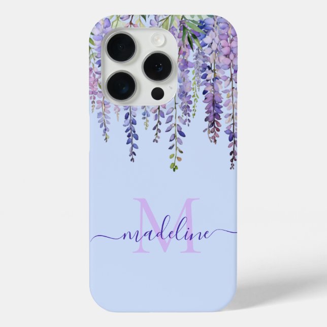 Coques Case-Mate iPhone Romantique Pastel Blue Wisteria Monogramme Nom du  (Verso)