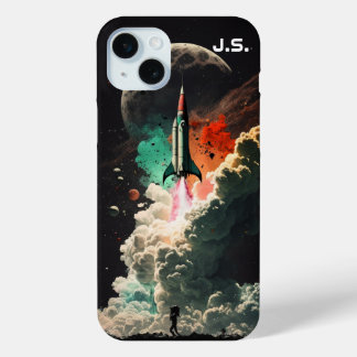 Coque iPhone 15 Mini Roquette personnalisée vers la lune