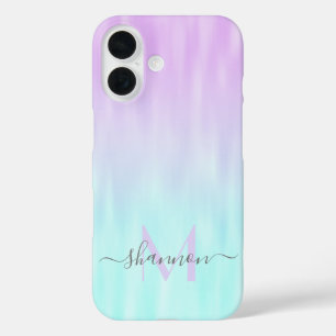 Coques iPhone 16 Rose Aqua Blue Pastel Ombre Script Monogramme