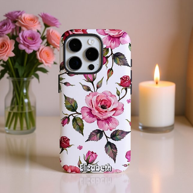 Coques Case-Mate iPhone Rose aquarelle et Motif Feuille (Créateur téléchargé)