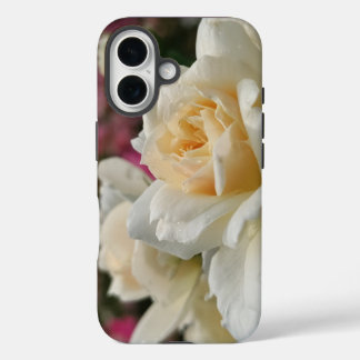 Coques iPhone 16 Rose blanche avec gouttes de pluie