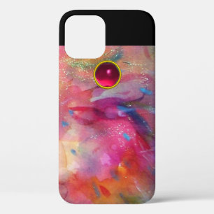 COQUES POUR iPhone ROSE BLEU ABSTRAIT AVEC 3D RED RUBY GEMSTONE