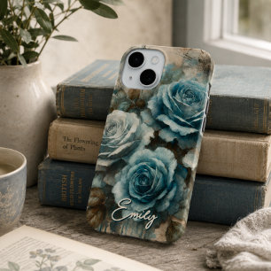 Coque Pour iPhone 15 Rose Bleue Pastel Personnalisée Vintage Shabby Chi