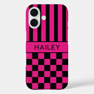 Coques iPhone 16 Rose Chaud et Noir Damier Rayé Personnalisé