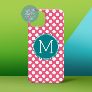Coques Pour iPhone Rose chaud et Pois Turquoises avec Monogramme pers
