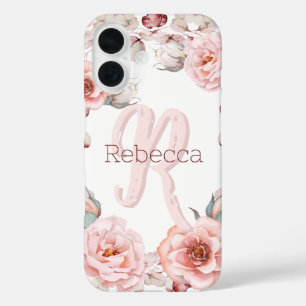 Coques iPhone 16 Rose d'aquarelle Wreath personnalisée BLANCHE