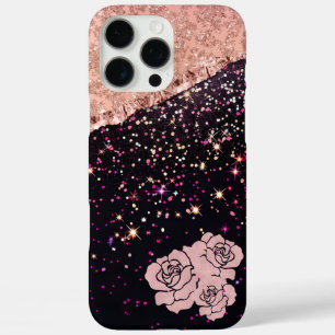 Coques iPhone 16 Pro Max Rose de verre Parties scintillant noire Roses