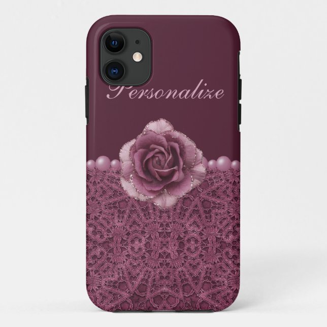 Coques Case-Mate iPhone Rose, dentelle et perles élégants de pourpre (Dos)