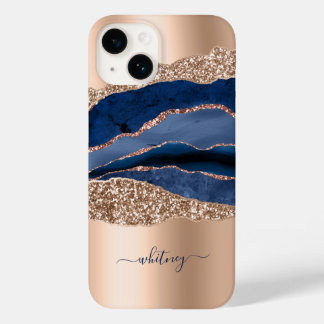 Coque Pour iPhone 14 Rose en marbre bleu Parties scintillant or Nom
