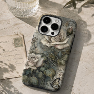 Coques iPhone 16 Pro Rose et Papillon Blancs Shabby Chic Vintage