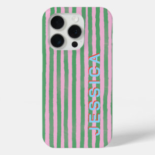 Coque iPhone 15 Pro Rose et vert Prépa rayé Nom personnalisé