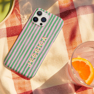 Coque iPhone 15 Pro Rose et vert rayé Prépa avec nom personnalisé