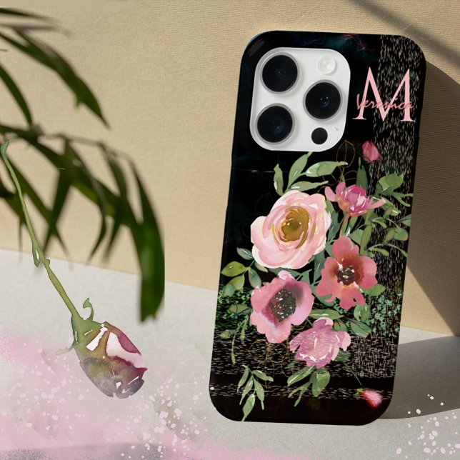 Coques Case-Mate iPhone Rose Floral noir (Pink Floral Black iPhone Case with Monogram
)