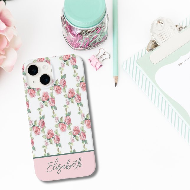 Coques Case-Mate iPhone Rose florale de verdure rose Monogram (Monogrammed Name Pink Roses Greenery iPhone case)