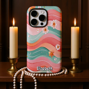 Coques iPhone 16 Pro Rose Flore Doux Et Vagues Turquoises
