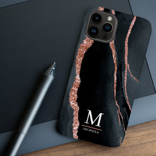 Coque Pour iPhone 14 Rose Gold & Black Abstrait Élégant Monogrammé