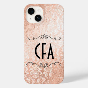 Coque Pour iPhone 14 Rose Gold Damask à monogramme personnalisé