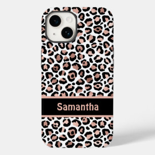 Coque Pour iPhone 14 Rose Gold et Imprimé Léopard Noir Chic Monogramme 