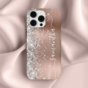 Coques iPhone 16 Pro Max Rose Gold Métalisé Paillettes Argentées Signature