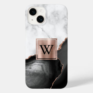 Coque Pour iPhone 14 Rose Gold Noir Agate Marbre Blanc Monogramme