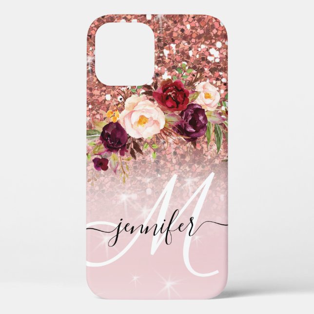 Coques Case-Mate iPhone Rose Gold Parties scintillant Floral Monogramme No (Verso)