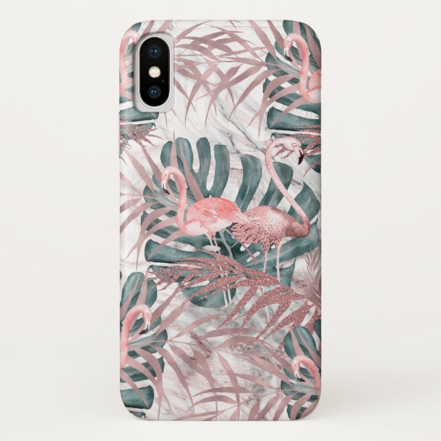 Coques Case-Mate iPhone Rose Gold Tropical Flamants roses Feuilles et marb (Dos)