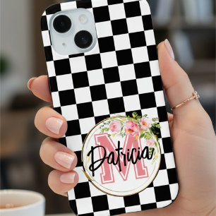 Coque Pour iPhone 15 rose Monogramme Fleur noir et blanc À damiers