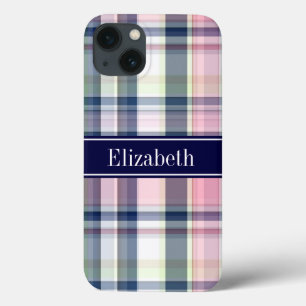 iPhone 13 Case Rose Navy Vert Blanc Prépa Madras N Monogramme
