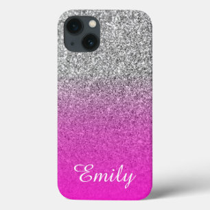 iPhone 13 Coque Rose Néo Pailleté Argent Ombré Personnalisé
