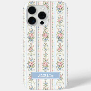 Coque iPhone 15 Pro Max Rose Pâle Bleu Aquarelle Floral Rayé