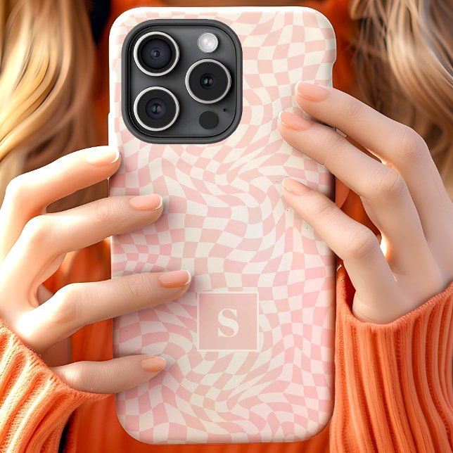 Coques Case-Mate iPhone Rose pastel ondulé à carreaux monogrammé (Créateur téléchargé)