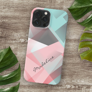 Coque iPhone 15 Pro Max Rose pastel saumon vert menthe gris motif mosaïque