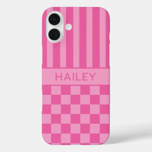 Coques iPhone 16 Plus Rose personnalisé à carreaux et rayures