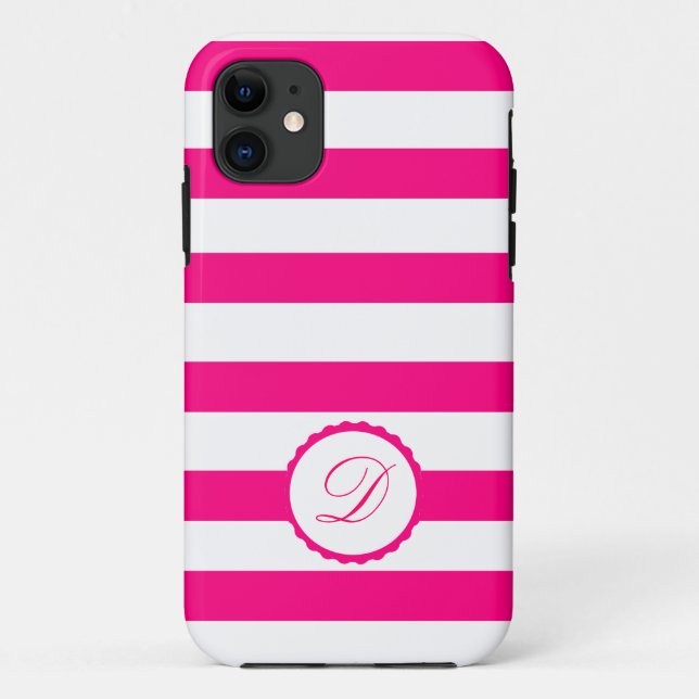 Coques Case-Mate iPhone Rose rayé blanc personnalisé monogramme (Dos)