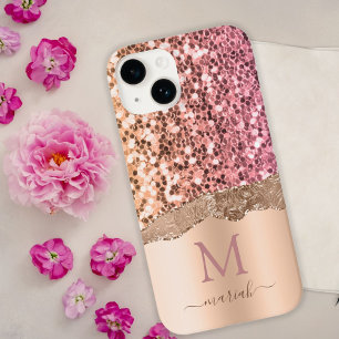 Coque Pour iPhone 14 Rose Rose Or - Initiales de Parties scintillant Mo