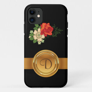 Coque iPhone 11 Rose rouge et marguerites Monogramme personnalisé